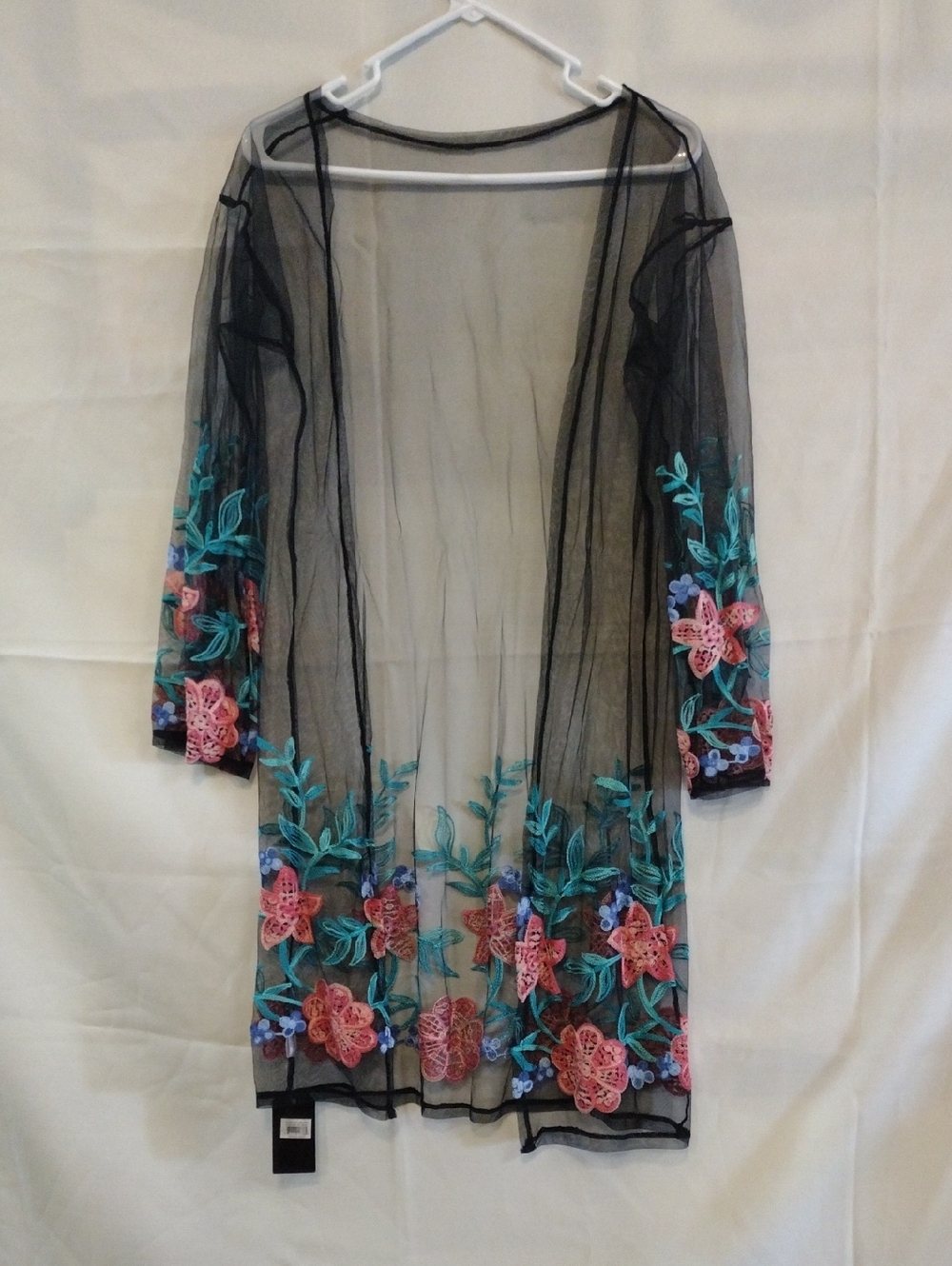 Sheer Black Embroidered Floral Duster
